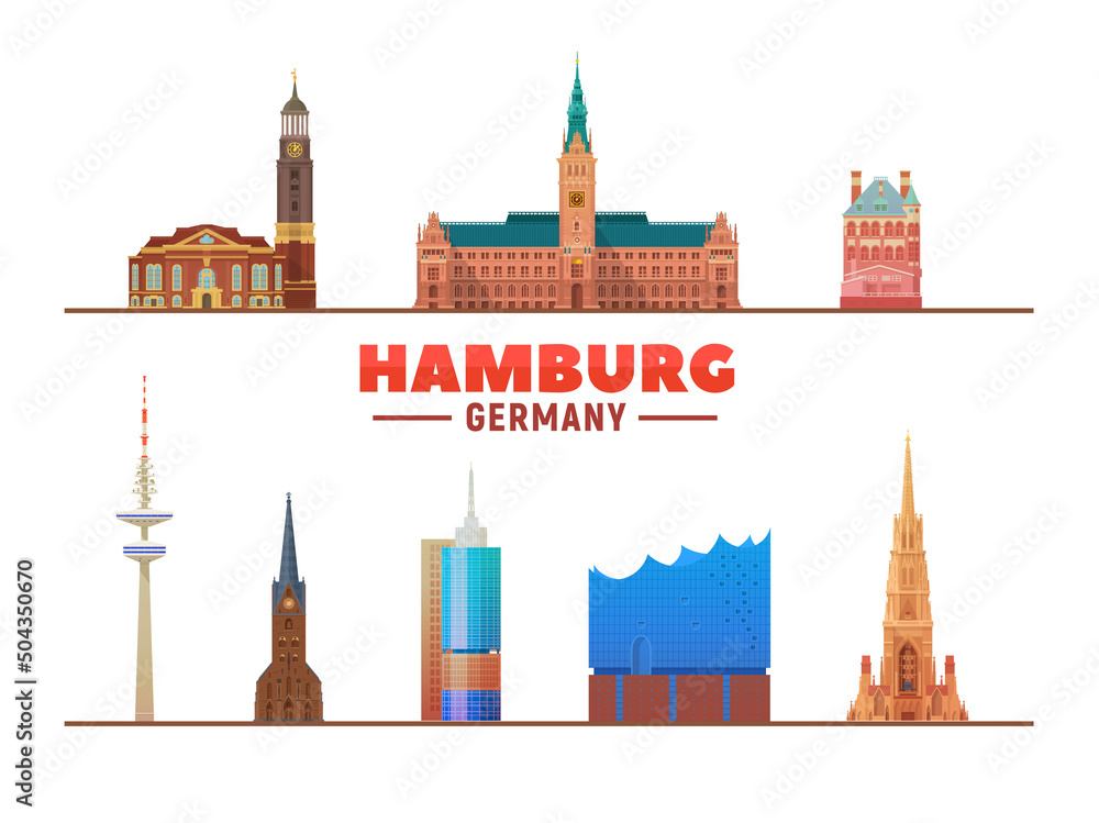 Hamburg Germany city skyline vector illustration on white background. Business travel and tourism concept with modern buildings. Image for presentation, banner, web site.