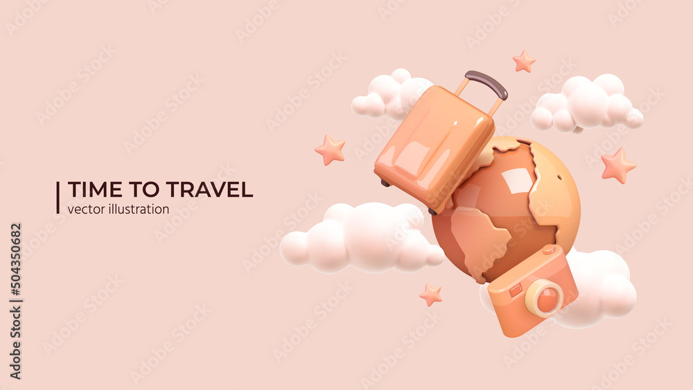 Luggage, planet and photo camera with clouds and stars around. Travel creative concept in Realistic 3d cartoon minimal style. Vector illustration - obrazy, fototapety, plakaty 