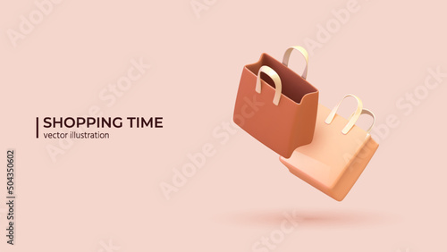 Two Empty Shopping Bags in 3d Realistic style. Online shopping and holiday promotions concept in cartoon minimal style. Vector illustration