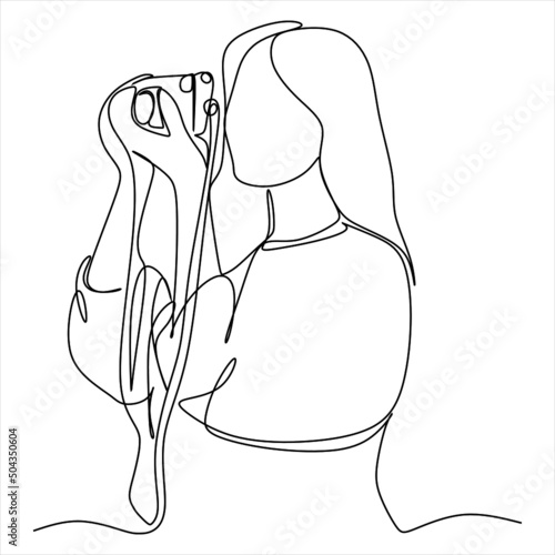 Single one line drawing photographer of paparazzi taking photo with modern digital camera with angles. Journalist or reporter making pictures. Continuous line draw design graphic vector illustration
