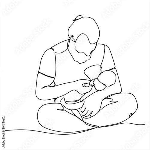 One continuous line drawing of a man with a child. The young father smiles and holds the baby in his arms, clutching him to himself. Vector sketch illustration for father's day, parenthood, babysitter