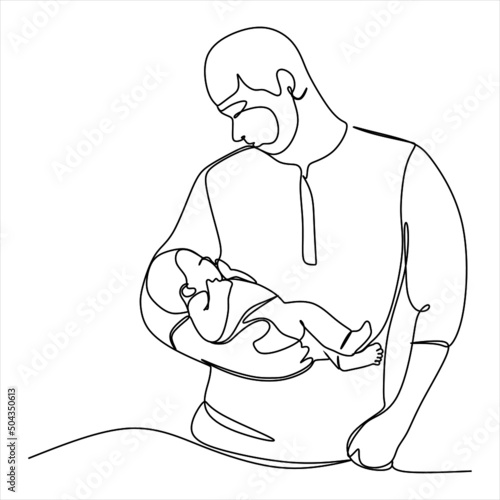 One continuous line drawing of a man with a child. The young father smiles and holds the baby in his arms, clutching him to himself. Vector sketch illustration for father's day, parenthood, babysitter