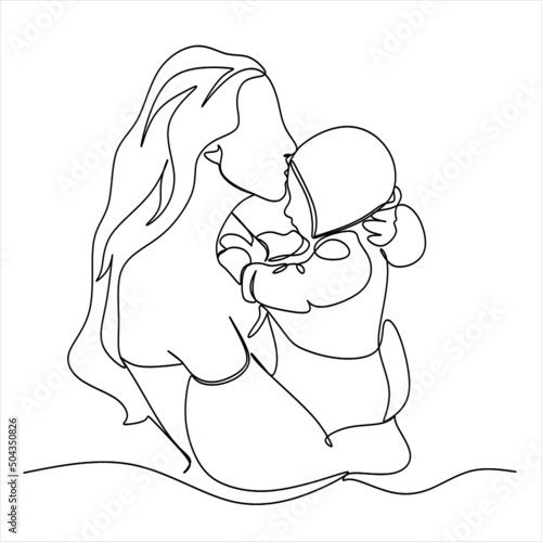 Continuous line drawing of mother and baby cute family concept card mother day vector illustration