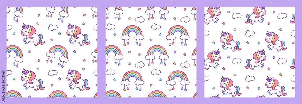 Set of seamless vector patterns with unicorns, stars, rainbows and clouds on a transparent background Set of seamless vector patterns with unicorns, stars, rainbows and clouds on a transparent background