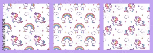 Set of seamless vector patterns with unicorns, stars, rainbows and clouds on a transparent background