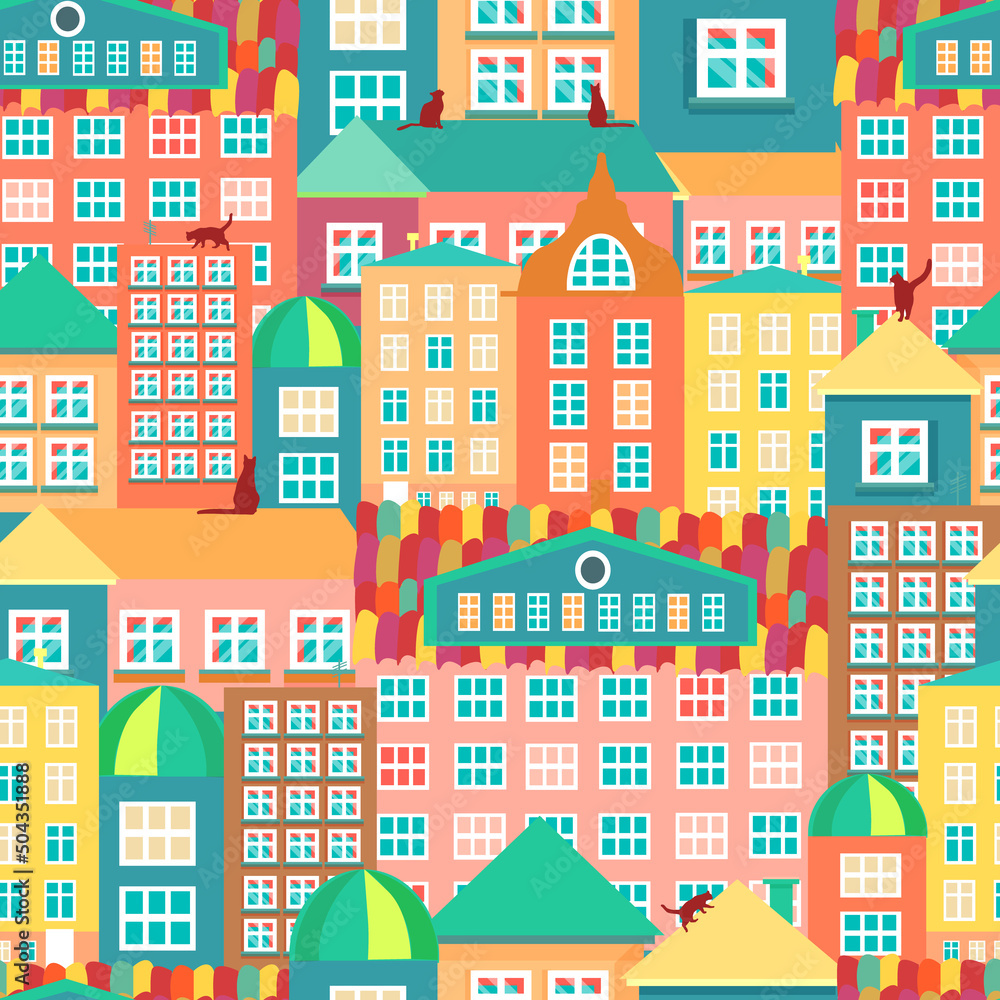 Seamless pattern urban colorful houses. Cats on rooftops. Vector illustration