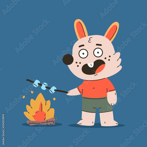 Cute bunny roasting marshmallows on campfire vector cartoon character isolated on background.