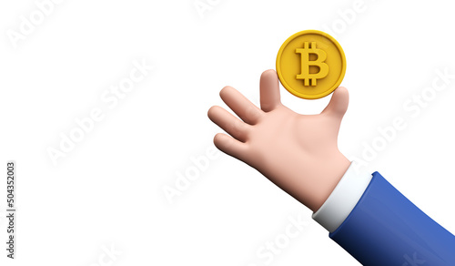 Cartoon style hand holding a bitcoin crypto currency coin. 3D Render