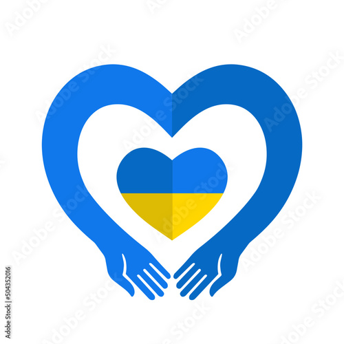 Ukrainian flag, logo, heart-shaped background in the embrace of two hands.