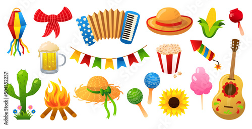 Festa Junina! Set of traditional celebration symbols.Vector cute illustrations for Brazilian Latin American festival. Drawings for banner, card, poster, postcard.