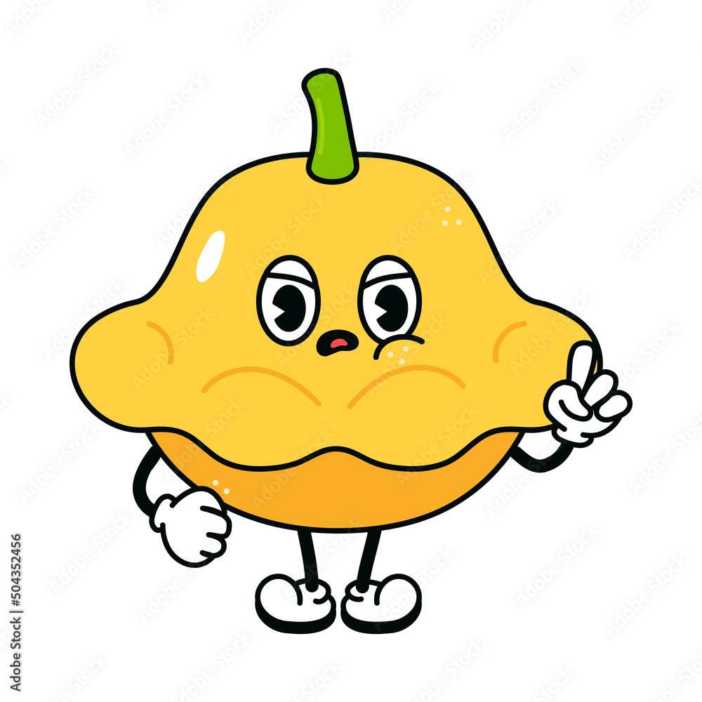 Obraz premium Cute angry sad yellow squash character. Vector hand drawn traditional cartoon vintage, retro, kawaii character illustration. Isolated on white background. Angry yellow squash character concept