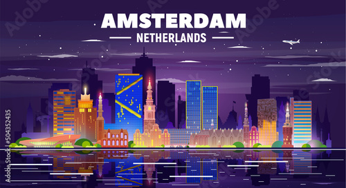 Amsterdam skyline with panorama in night background. Vector Illustration. Business travel and tourism concept with modern buildings. Image for presentation, banner, web site.