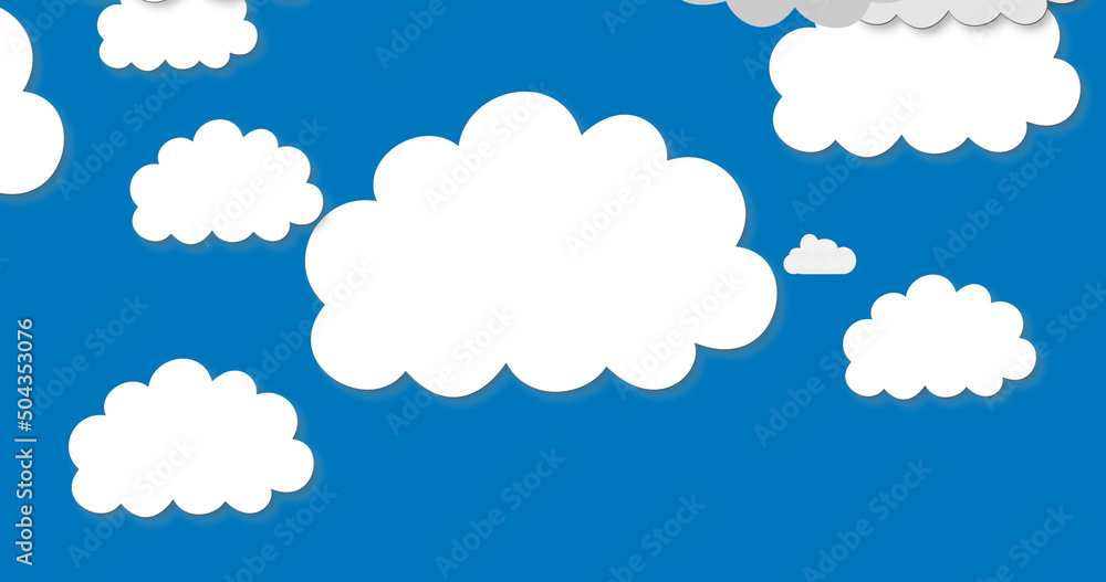Image of illustration of yellow bird flying over clouds on blue background