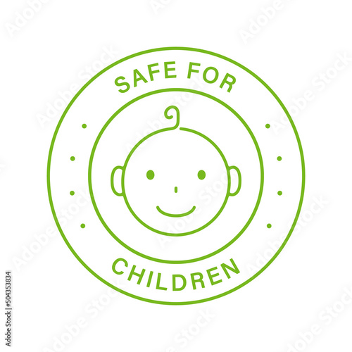Safe for Children Line Green Stamp. Safety Product for Child Outline Sticker. Kid Friendly Zone Label. Non Toxic Material for Kid. Baby Food Sign in Restaurant Menu. Isolated Vector Illustration
