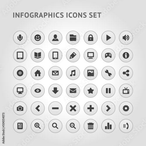 Monochrome realistic infographics icons set template vector illustration. Collection digital elements interface data visualization for steps, options, business process, workflow, flowchart, timeline