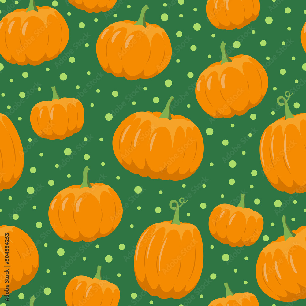 pumpkin seamless pattern on green background. Flat, vector pumpkin seamless pattern on green background. Flat, vector
