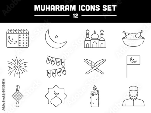 Black Thin Line Art Muharram Icon Or Symbol Set.