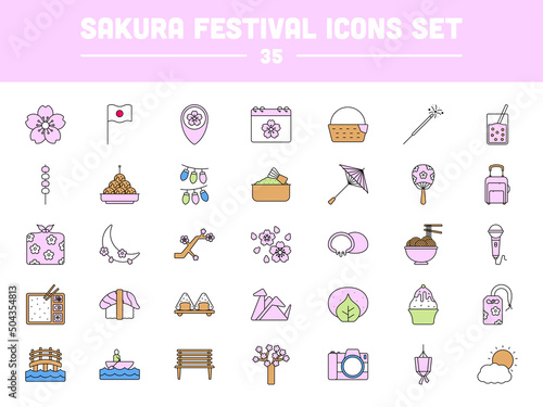 Colorful Sakura Festival 35 Icon Set In Flat Style.