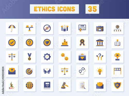 Blue And Orange Color Set Of Ethics Sqaure Icons In Flat Style.