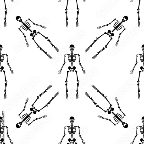 Black skeletons in various poses pattern. Halloween design. Perfect for fall, holidays, fabric, textile. Seamless repeat swatch.