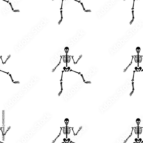 Black skeletons in various poses pattern. Halloween design. Perfect for fall, holidays, fabric, textile. Seamless repeat swatch.