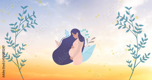 Image of illustration of butterflies flying over pregnant woman