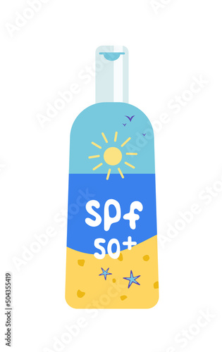 Sunscreen cream spf 50 in bottle. Sun safety cosmetic. Flat, cartoon, vector