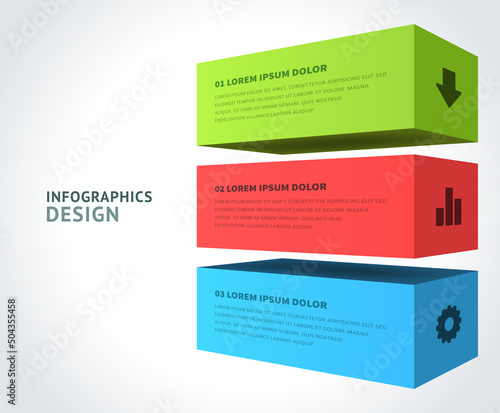 Geometric shape infographics design rectangle isometric blocks corporate development steps realistic template vector illustration. Information flow education process organization report visualization