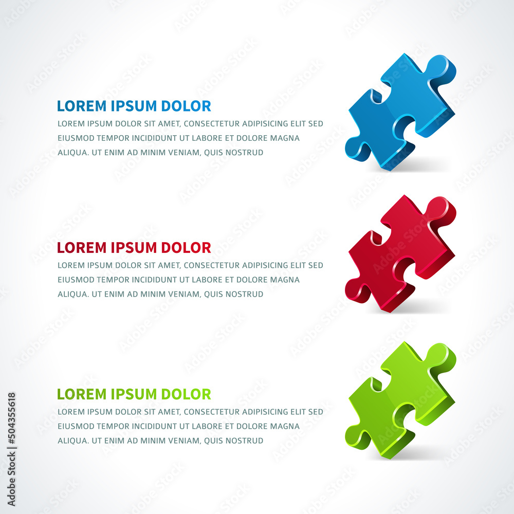 Multicolored realistic puzzle jigsaw piece information workflow business scheme with place for text template vector illustration. Brainstorming solution corporate information diagram visualization