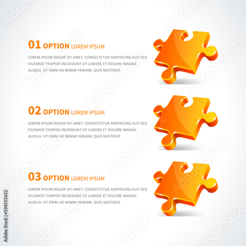 Orange realistic puzzle jigsaw piece information workflow business scheme with place for text template vector illustration. Brainstorming solution corporate information diagram visualization