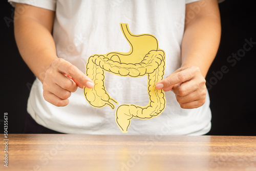 Quadro su tela Hand holding a large intestine shape made from paper while standing over a black