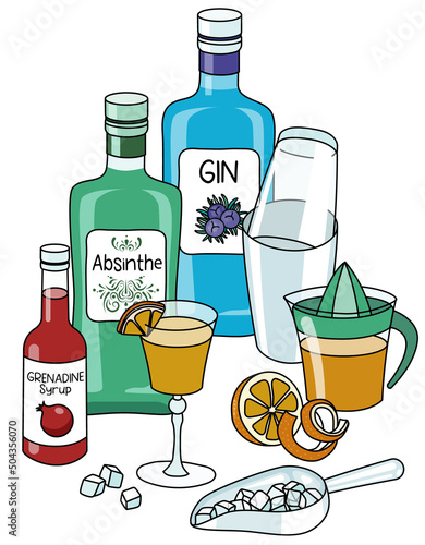 Stylish hand-drawn doodle cartoon style Monkey Gland cocktail composition. A bottle of gin and absinthe liquor, orange juice and shaker. Good for bar menu, cook book recipe, stickers or cards.
