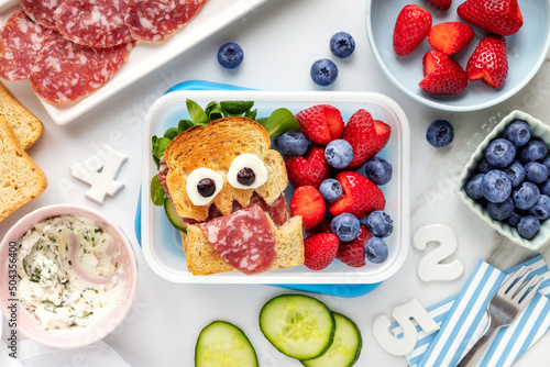 School lunch box with a cute monster sandwich with salami and fresh berries like strawberries and blueberries. Overhead view flat lay