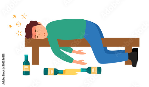 Drunk man sleeping on bench in flat design on white background. Beer alcohol addiction. Alcoholic guy.