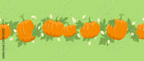 autumn pumpkin seamless border with leaves and seeds on green background. Flat, vector