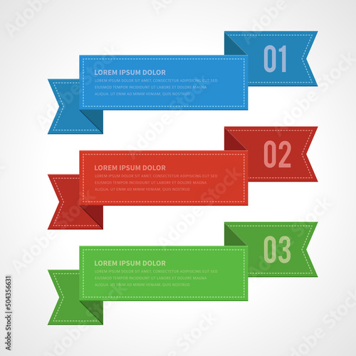 Colored horizontal geometric ribbon flag business infographics plan steps options realistic template vector illustration. Information structure angled wave diagram dynamic flyer paper workflow menu