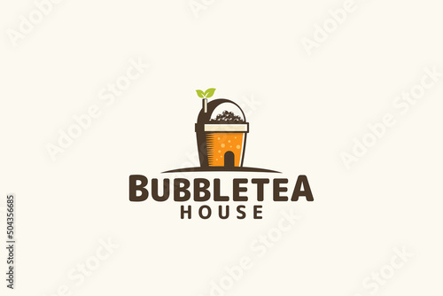 bubble tea house logo with a combination of a house, bubble tea, cup, and leaf.