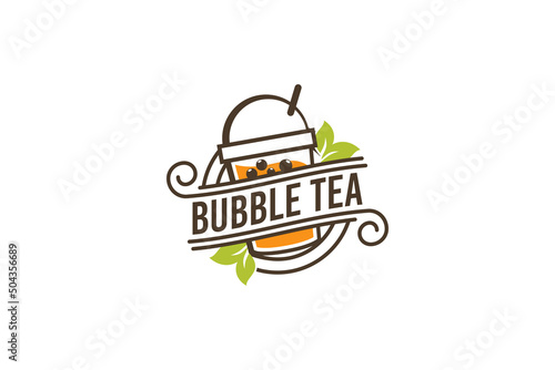 Bubble tea logo with vintage style. Emblem bubble tea logo.