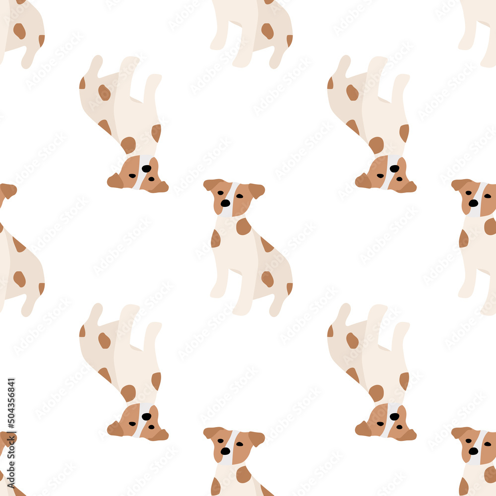 Cute dogs Jack Russell Terrier. Fanny animals . Vector hand drawn seamless pattern. Perfect for baby, kids apparel, print design, textile. White background. Cute dogs Jack Russell Terrier. Fanny animals . Vector hand drawn seamless pattern. Perfect for baby, kids apparel, print design, textile. White background.