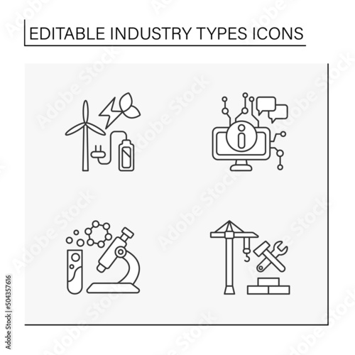  Industry types line icons set. Manufacturing of productions. Chemical, information, construction and energy industries.Business concept. Isolated vector illustrations. Editable stroke