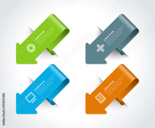 Curved dynamic arrows directional paper bookmark infographics scheme business option template vector illustration. Folded twisted wave pointer diagram marketing design dynamic workflow graph isolated