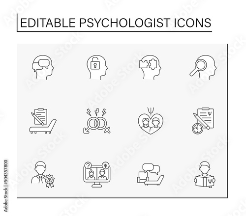  Psychologist line icons set. Consultation with doctor. Psychotherapy about mental problems. Mental health concepts. Isolated vector illustrations. Editable stroke