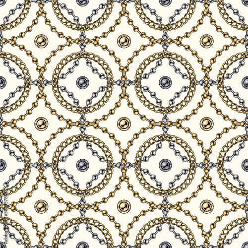 Seamless geometric chain pattern with ball beads, curb link chains, intricate overlapping circles on white background. Silver and gold chains.