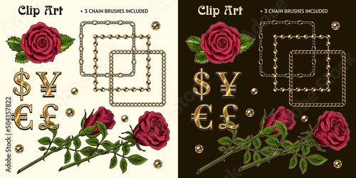 Set with colorful vintage design elements. Red roses, gold chains pattern brushes, ball beads, money symbols of world currencies on dark, light background. Isolated vector illustration. Luxury concept photo