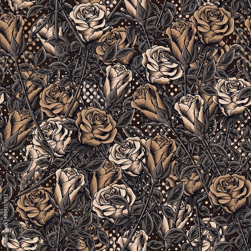 Camouflage brown pattern with lush blooming roses with stems, leaves, round halftone shapes. Dense composition with overlapping elements. Good for womans apparel, fabric, textile, sport goods.