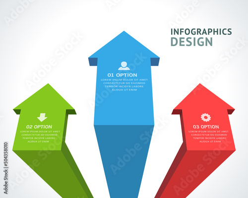 Geometric multicolored upward arrows infographics scheme business data structure options realistic template vector illustration. Three up marketing growth directional pointer diagram flowchart