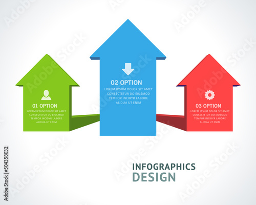 Geometric multicolored upward arrows infographics scheme business data structure options realistic template vector illustration. Three up marketing growth directional pointer diagram flowchart