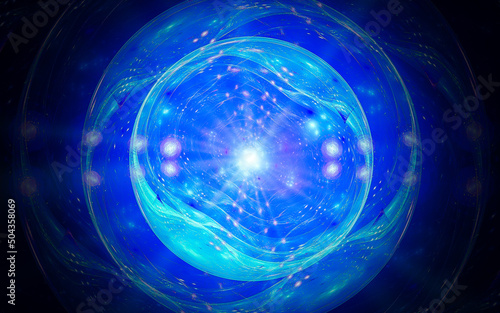 abstract illustration background image fantastic universe with a bright flash of light emanating from inside and many quasar stars in blue, lilac color photo