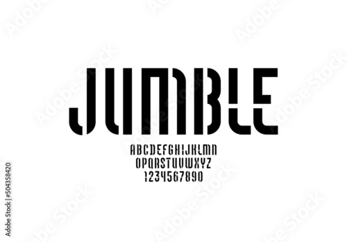 Black font, stencil alphabet, modern letters and numbers