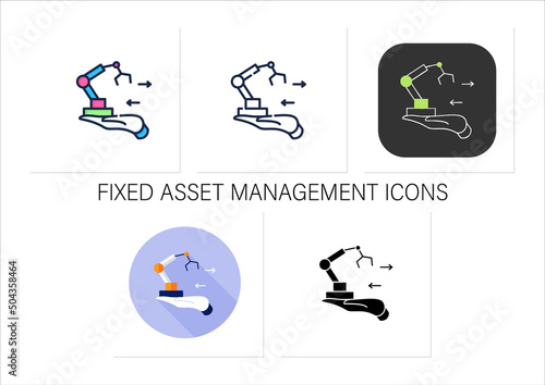 Fixed asset management icons set. Industrialization.Tracking fixed assets for purposes of financial accounting.Collection of icons in linear, filled, color styles.Isolated vector illustrations